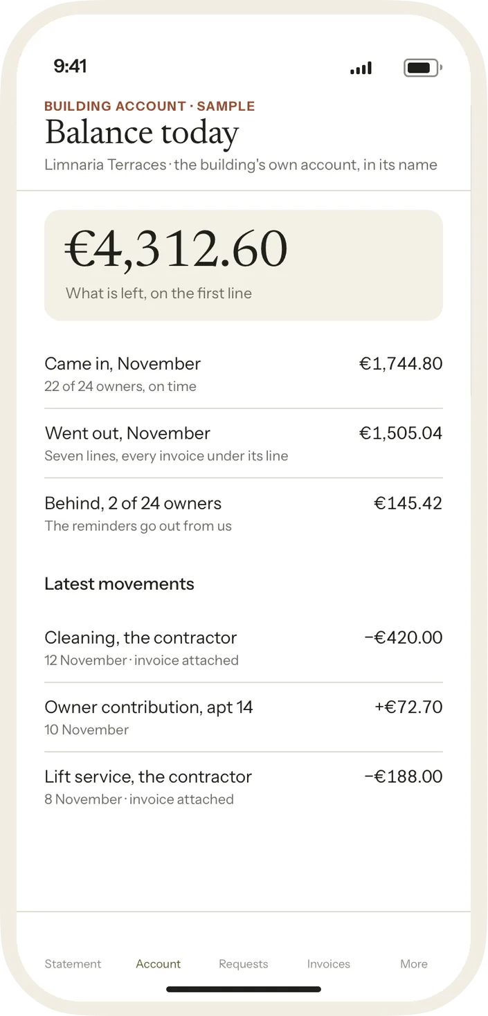 A sample building account on a phone: the balance today, what came in and went out, who is behind