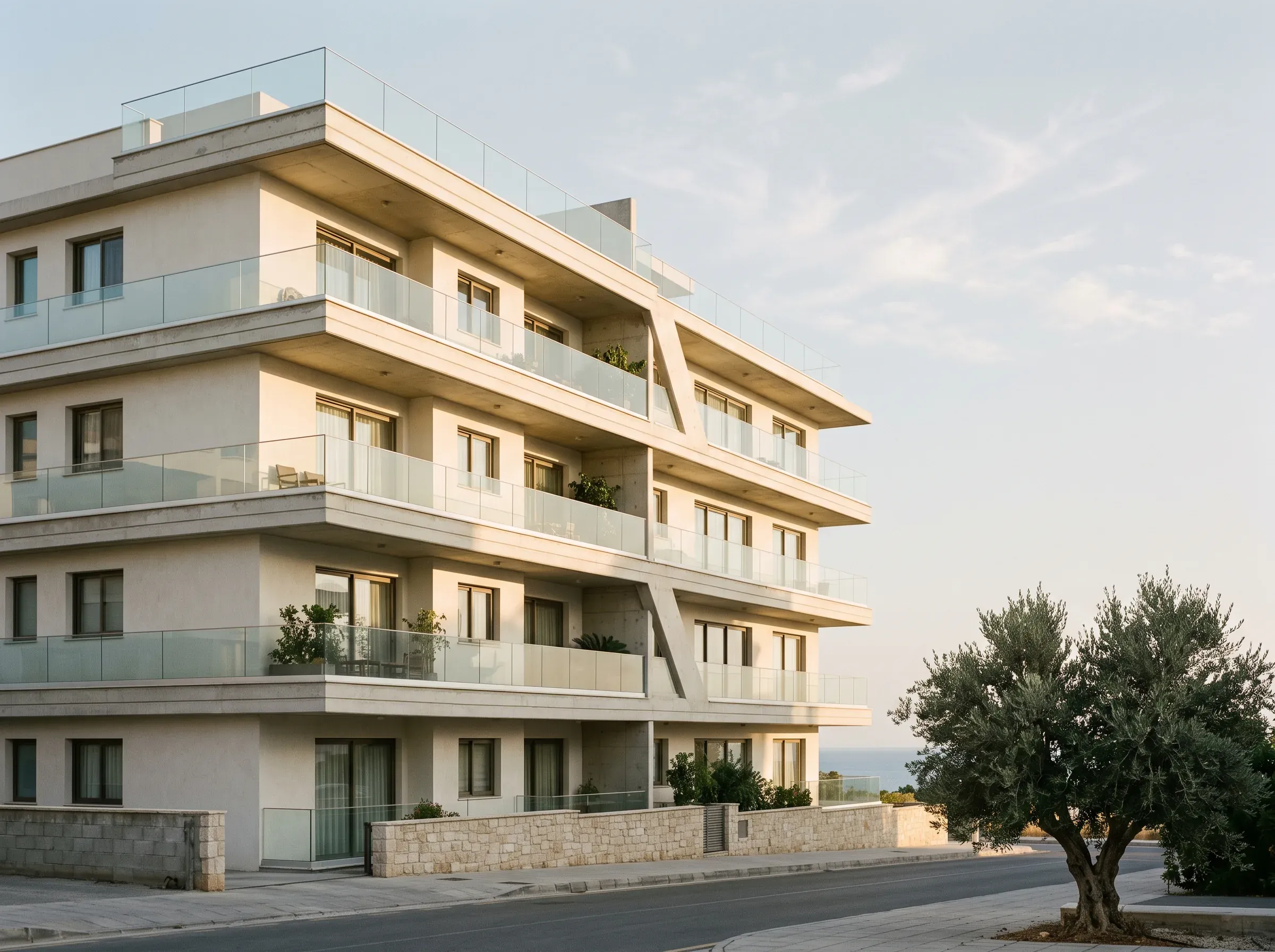 A modern apartment building with glass balconies in the sun