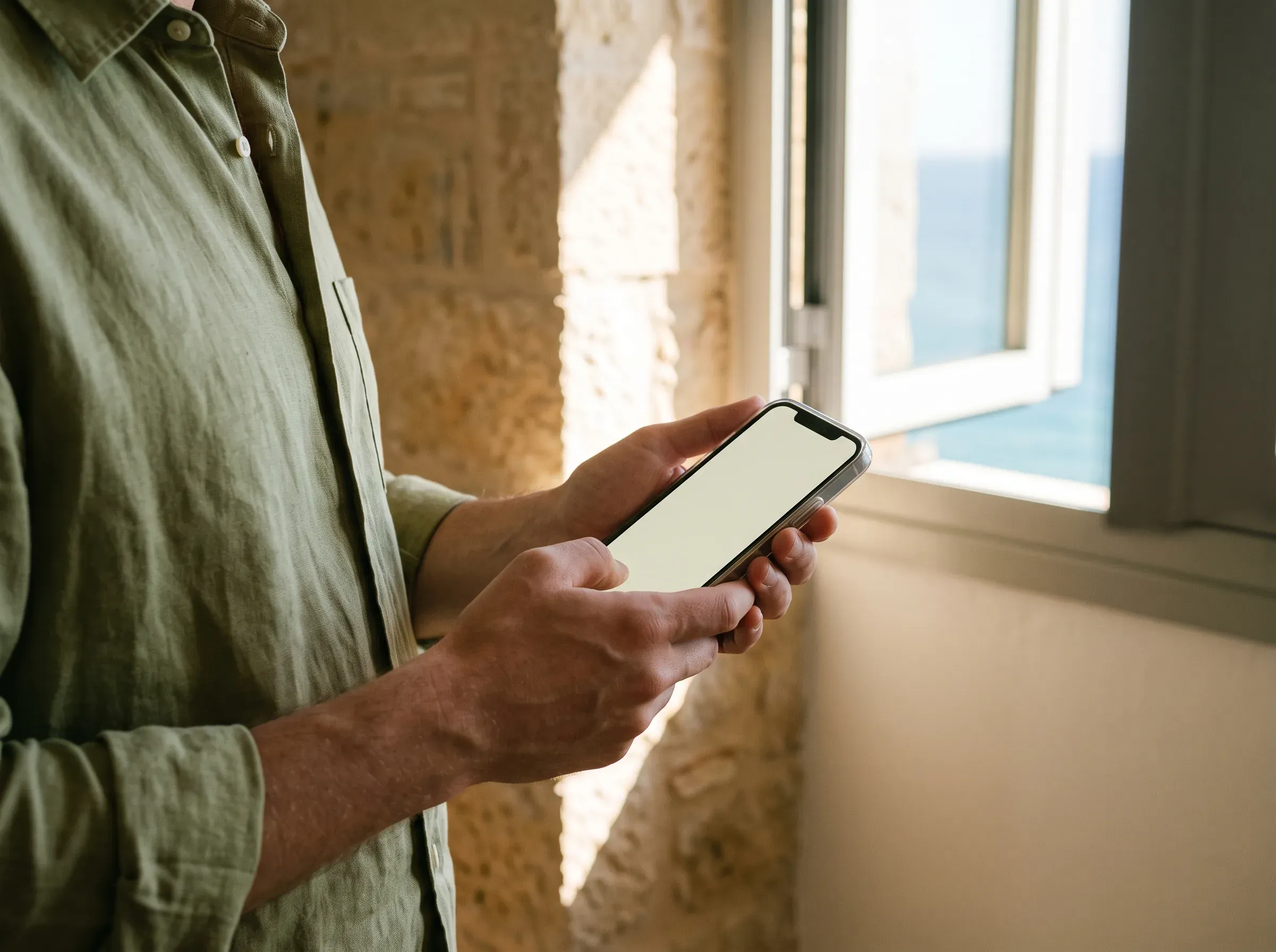 A person in a white sweater holding a phone in both hands