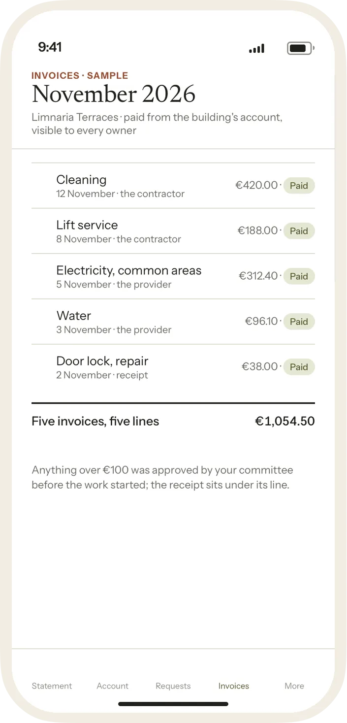 A sample invoice list on a phone: every invoice as its own line, paid from the building's account