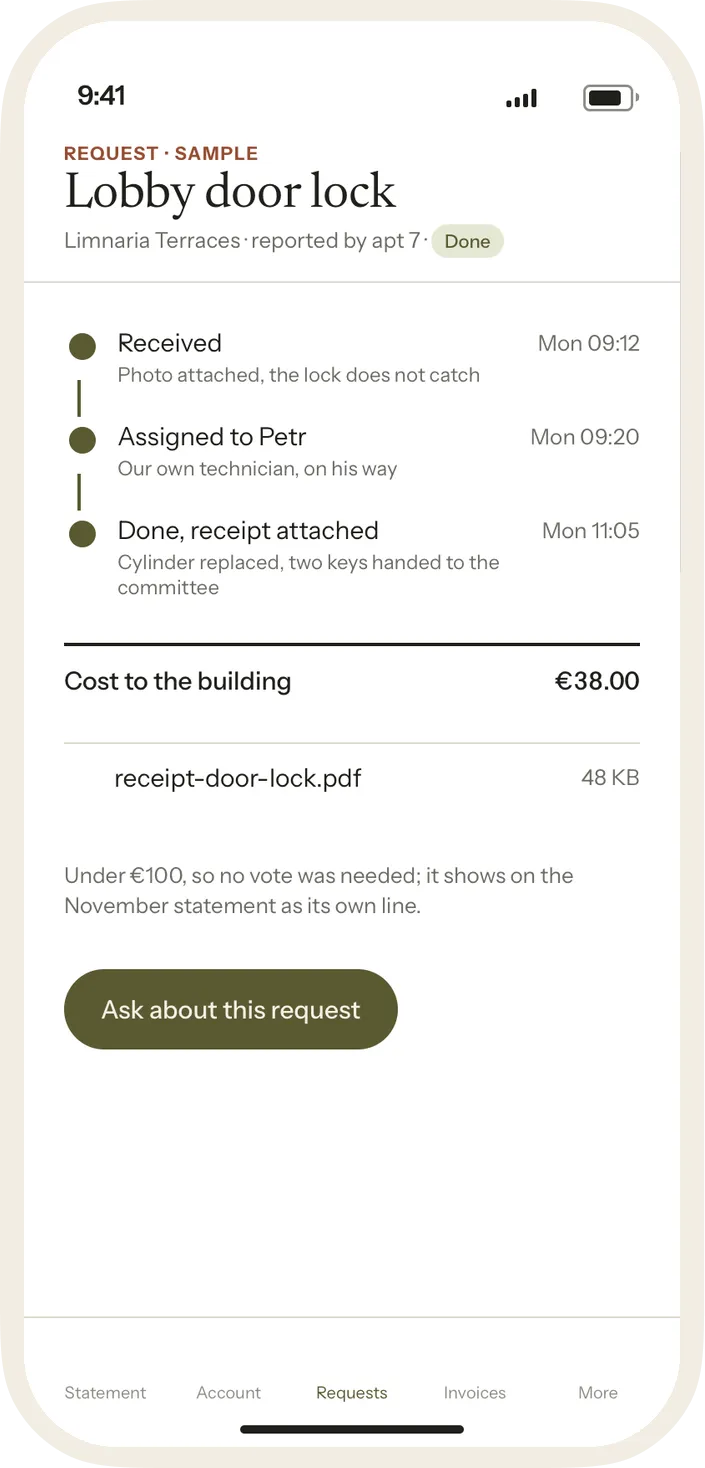 A sample request on a phone: received, assigned to Petr, done with the receipt attached, the cost to the building