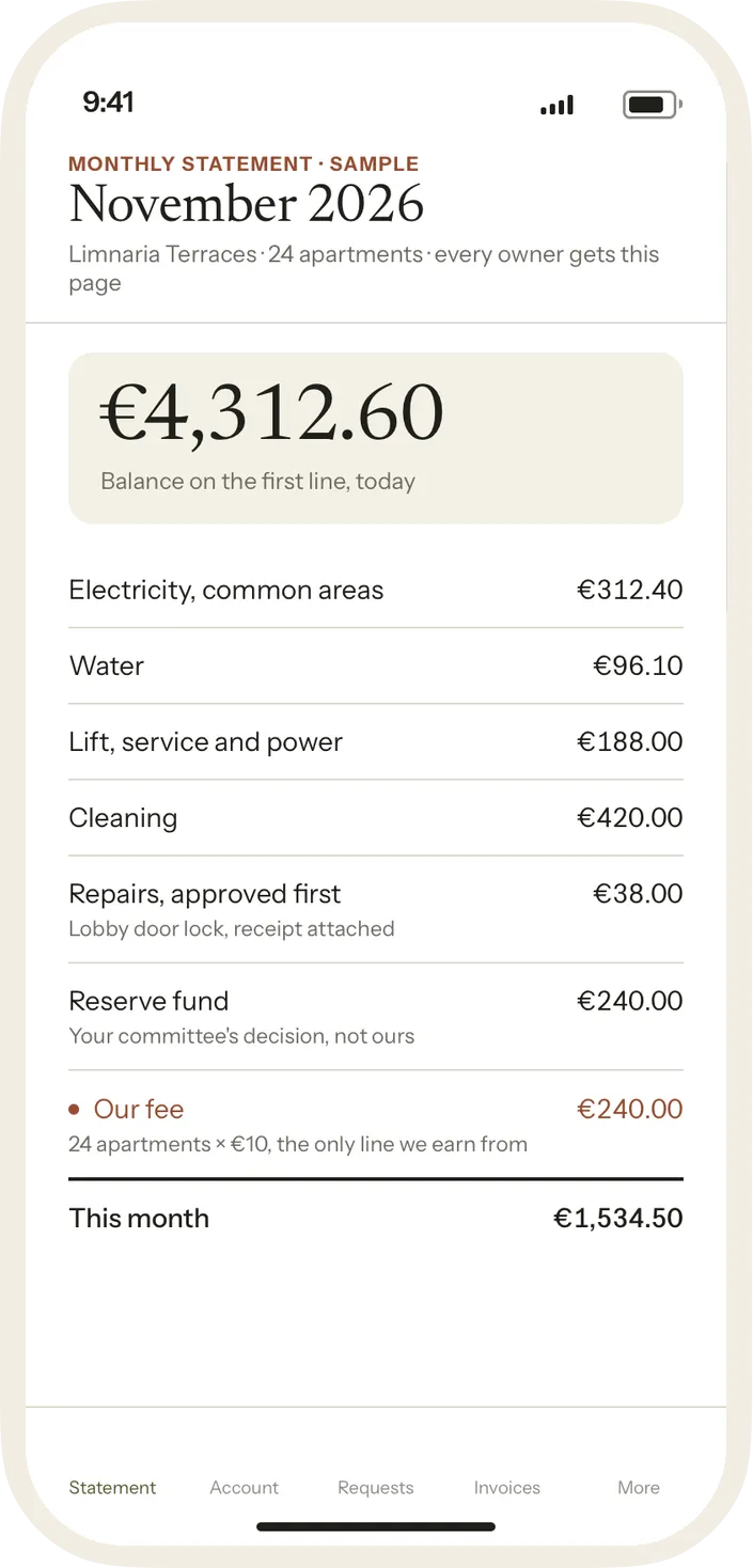 A sample monthly statement on a phone: the balance on the first line, seven lines, the fee marked as ours