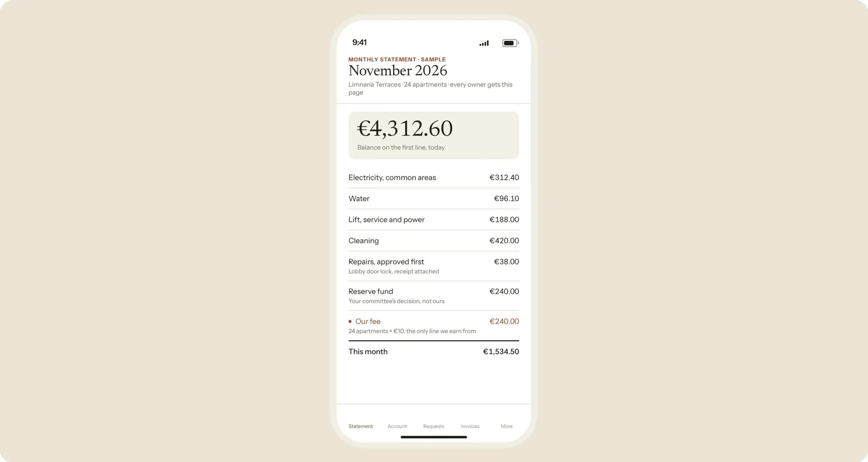 A sample monthly statement on a phone: the balance on the first line, seven lines, the fee marked as ours