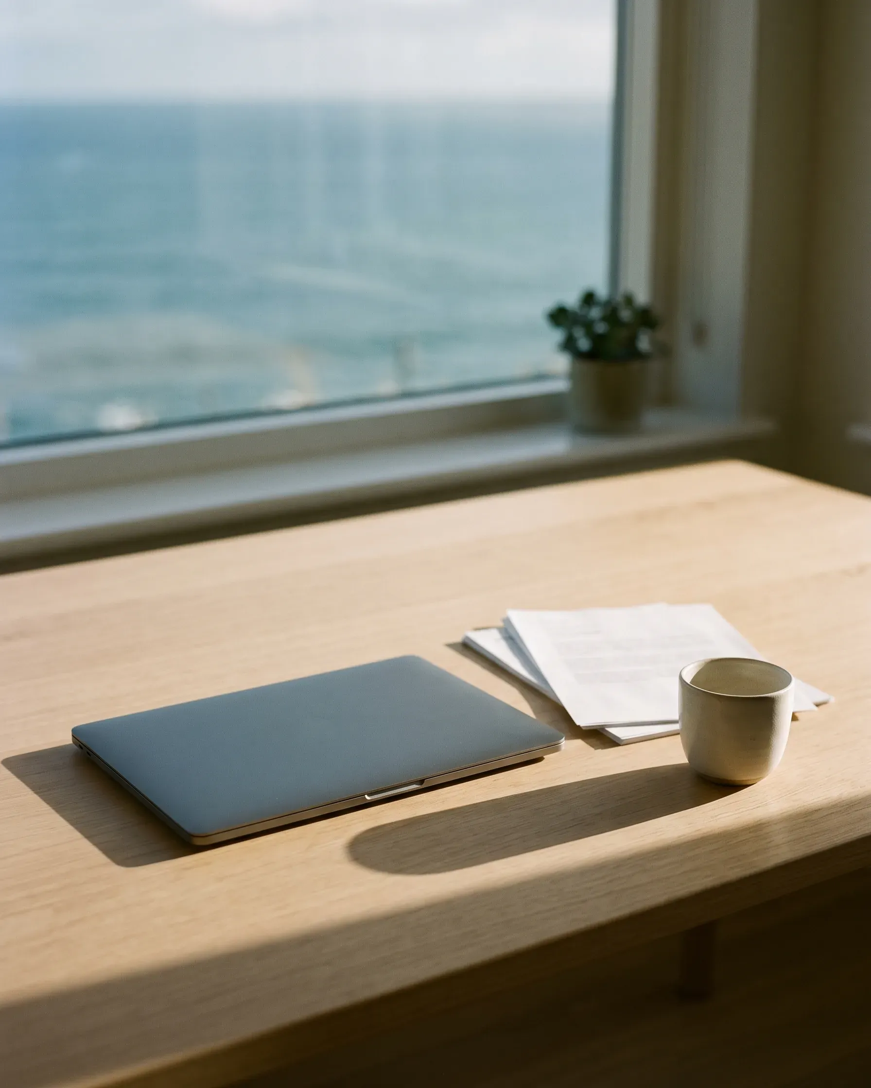 A laptop and papers on a desk
