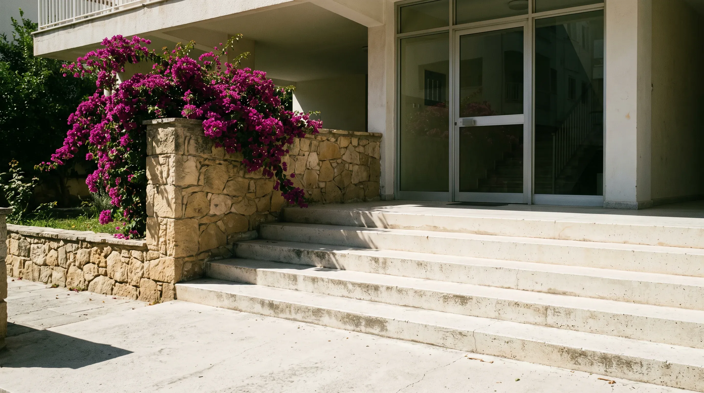 Concrete steps leading up to a building entrance