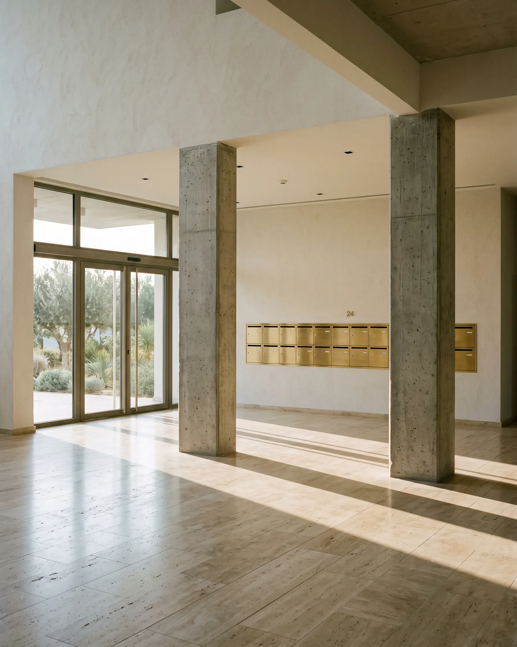 A lobby between concrete columns