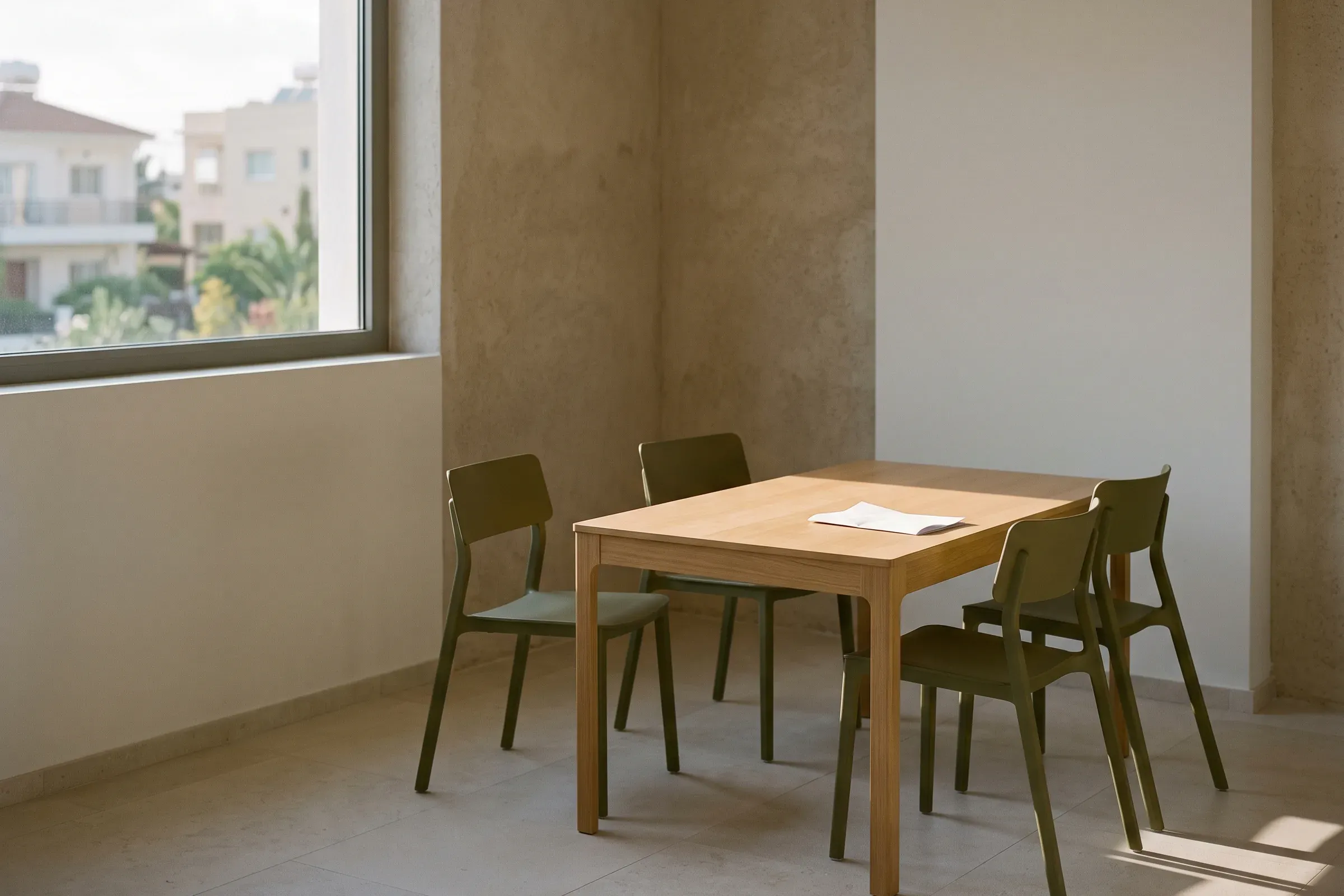 A meeting table with chairs and papers