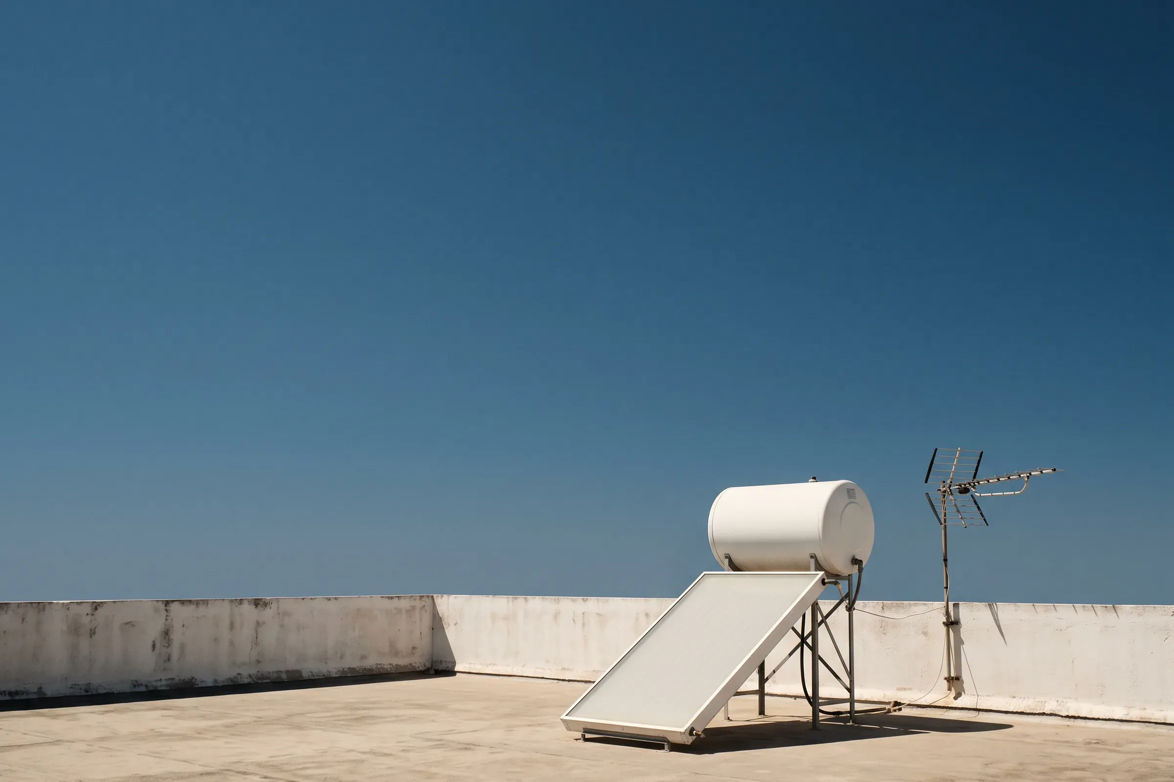 A solar water heater on a rooftop against a blue sky