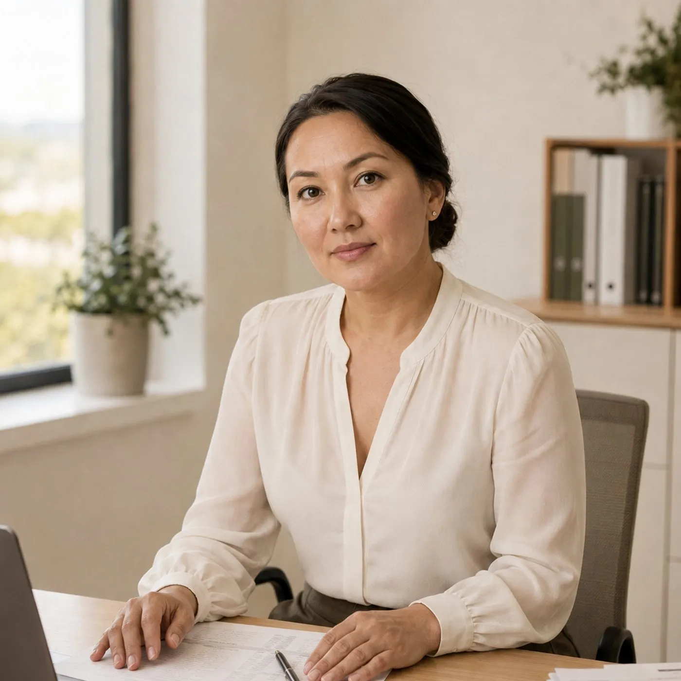 Gulya at her desk with a printed statement, a laptop and a calculator