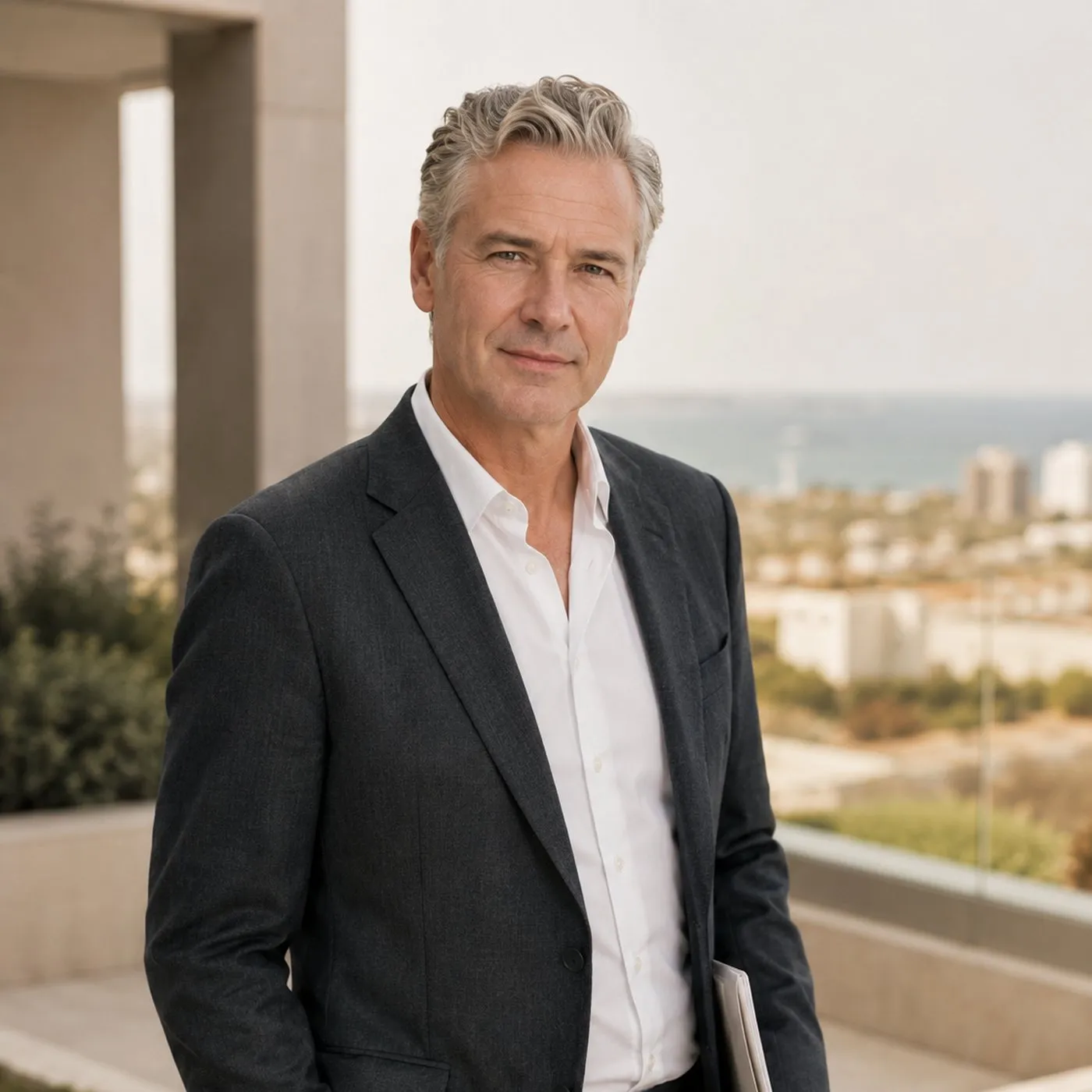 Nisso on the rooftop terrace of a residential complex, Limassol and the sea behind him