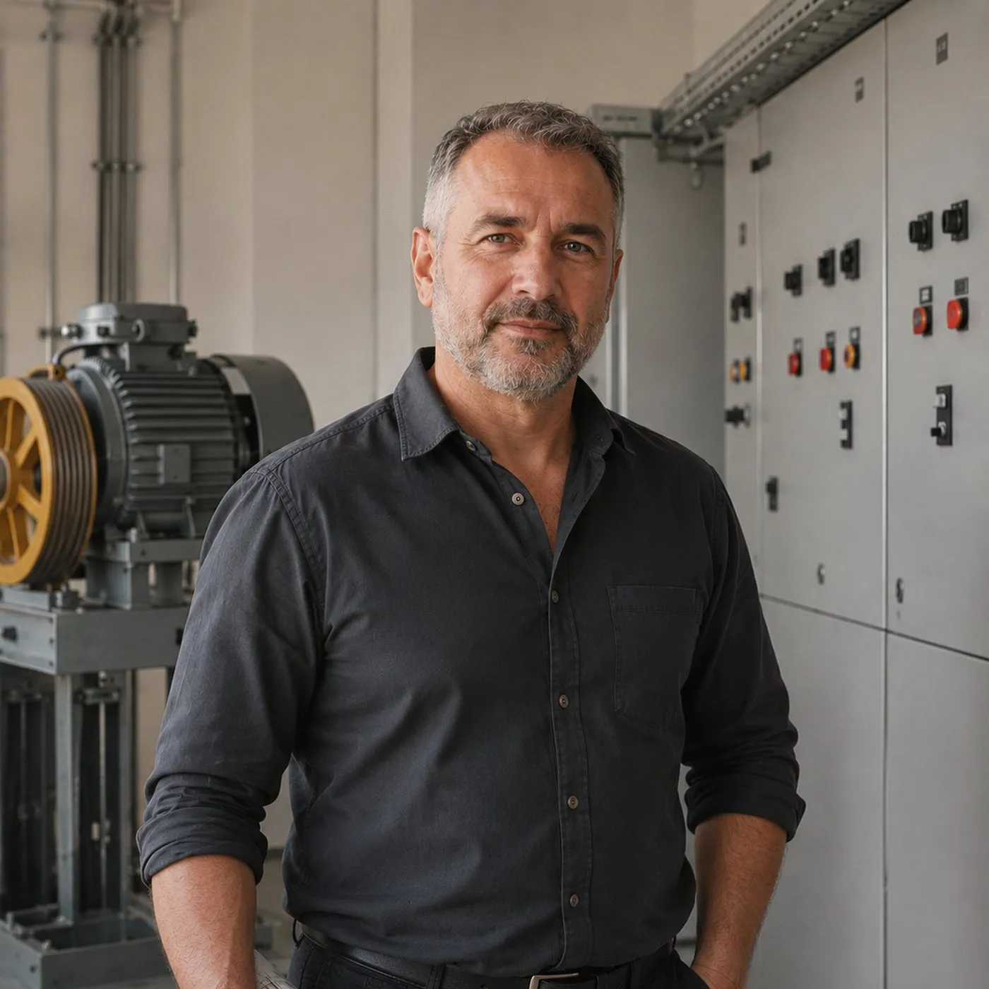 Petr in the plant room of a building, a rolled floor plan in his hand, the lift motor behind him