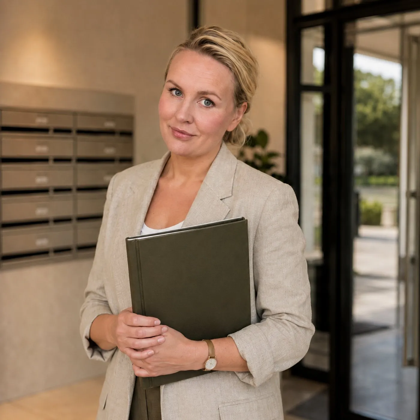 Yulia in the entrance lobby of an apartment building, a document folder in her hands